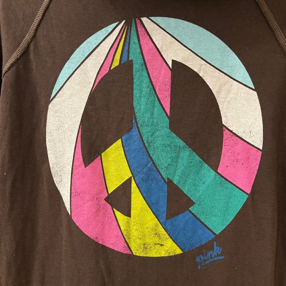 True Y2K VTG PINK Victoria's Secret Hoodie S Chocolate Brown Peace Sign Boho 00s